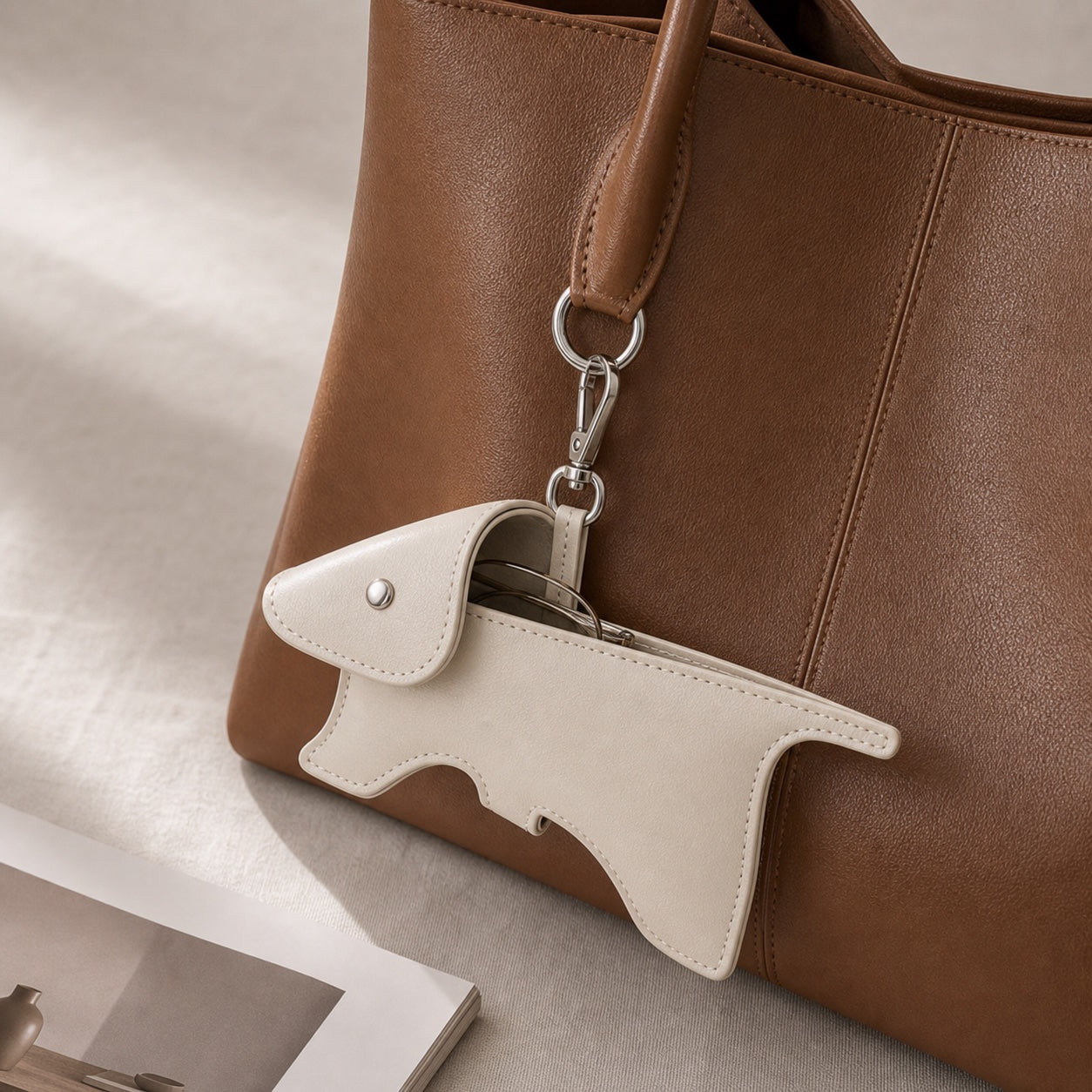 Minimal cream animal-inspired eyeglass holder charm clipped to a tan tote