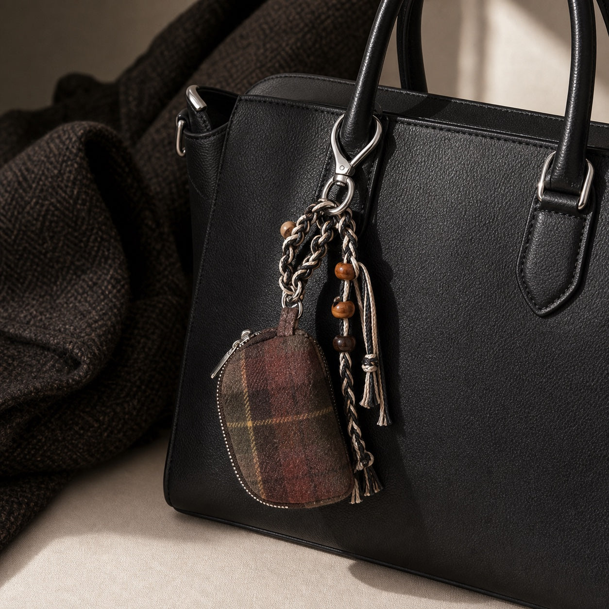 Tiny plaid wool micro pouch bag charm clipped to a black leather work bag